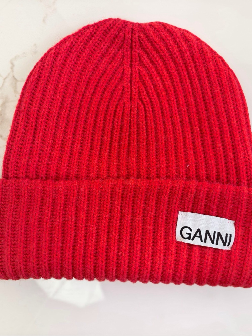 Ganni Red Ribbed Beanie